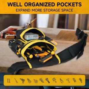 Tool Belt,Magnetic Tool Pouch,27-Pockets Heavy Duty Padded Tool Belts for Men,Detachable & Adjustable Tool Pouch Bag for Electrician,Carpenter,Construction,Work Apron,Utility Belt,Black,Yellow - Image 6