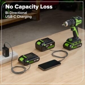 Greenworks 24V Cordless Brushless 400 in-lbs Drill/Driver+1950 in-lbs Impact Driver Combo,High Torque, Lightweight, (2) 2.0Ah USB-C Batteries(12,000mAh Power Bank) and 65W USB-C Fast Charger(3-Port) - Image 16