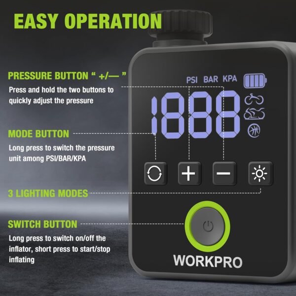 WORKPRO Mini Electric Bike Pump, 140 PSI Portable Bicycle Tire Pump with Gauge, Digital Display, Auto Shut-Off, 3 Modes, LED Light, Fast Inflate Bike Tire Pump for Motorcycle, Bicycle, Balls 7 81QMInL M8L. AC SL1500