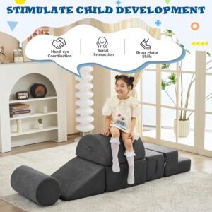 jela Kids Foam Climbing Blocks 6Pcs Soft Play Equipment Luxury Corduroy Fabric, Toddler Climbing Playset Indoor Soft Play Climbing for Toddlers, Lightweight Climbing Blocks for Babies (Darkgrey) - Image 4
