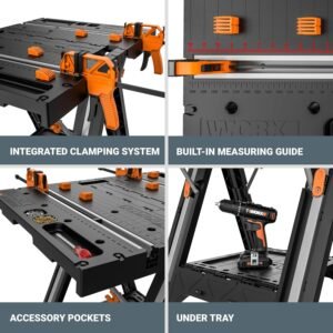 Worx Pegasus 2-in-1 Folding Work Table & Sawhorse, Easy Setup Portable Workbench, 31" W x 25" D x 32" H Lightweight Worktable with Heavy-Duty Load Capacity, WX051 - Includes 2 Clamps & 4 Clamp Dogs - Image 8