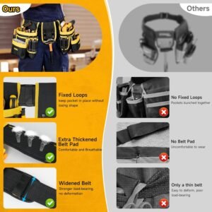 Tool Belt,Magnetic Tool Pouch,27-Pockets Heavy Duty Padded Tool Belts for Men,Detachable & Adjustable Tool Pouch Bag for Electrician,Carpenter,Construction,Work Apron,Utility Belt,Black,Yellow - Image 3