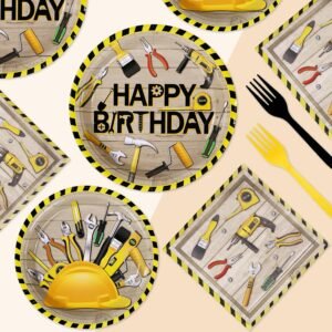 Grencian 96 PCS Handyman Tools Party Supplies Handyman Tools Party Plates 350GSM Disposable Handyman Tools Birthday Tableware Set for Little Builder Carpentry Construction Birthday Party, Serves 24 - Image 8