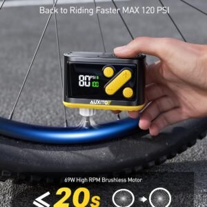 AUXITO Bike Pump, Mini Electric Bicycle Pump with Guage 20s Fast Inflate, 120PSI Bike Tire Pump with Presta & Schrader Valve Adaptor, Bike Accessories for Road Mountain Bike, E-Bike, Motorcycle - Image 3