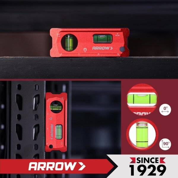 ARROW 4-Inch Torpedo Level, Small Magnetic Leveler Tool with 0°/90° Bubbles, Top-view Window, Aluminium Alloy Frame, Dual SAE and Metric Scales 8 81gjO2CI24L. AC SL1500