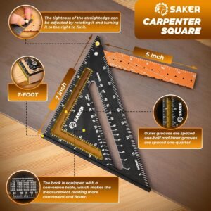 Saker Carpenrer Square Tool 12 inch: T Square Triangle Ruler Measuring Layout Tool - Gift,Multi-Purpose Carpenter Square,Rafter (Black) - Image 5