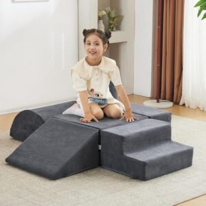 jela Kids Foam Climbing Blocks 6Pcs Soft Play Equipment Luxury Corduroy Fabric, Toddler Climbing Playset Indoor Soft Play Climbing for Toddlers, Lightweight Climbing Blocks for Babies (Darkgrey) - Image 2