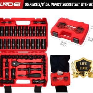 LLNDEI 3/8”Drive Impact Socket Set,Standard SAE(5/16 to 3/4-Inch) Metric Size(8-22mm), 95 Piece, CR-V Steel Deep&Shallow Kit, Adapters, Ratchet Handle, Screwdriver Bit Set, Spark Plug Socket, 6 Point - Image 4