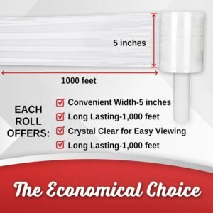 2 Pack Industrial Strength Mini Hand Stretch Wrap 5" 1000 Ft Roll 80 Gauge Thick, Shrink Wrap Roll for Moving Supplies, Furniture, Pallets, Plastic Wrap for Packing, Heavy Duty Stretch Film - Image 4