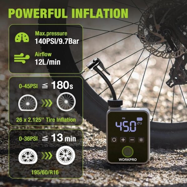WORKPRO Mini Electric Bike Pump, 140 PSI Portable Bicycle Tire Pump with Gauge, Digital Display, Auto Shut-Off, 3 Modes, LED Light, Fast Inflate Bike Tire Pump for Motorcycle, Bicycle, Balls 4 81nLfYP EfL. AC SL1500