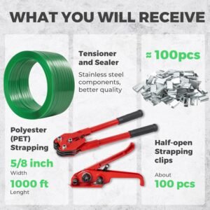 Pallet Banding Strapping Kit, 5/8"x 1000' Heavy Duty PET Strapping with Tensioner and Sealer Tool, 100 Metal Seals for Shipping, Moving, Warehouses, and Industrial Bundling, 1480 lbs Break - Image 3