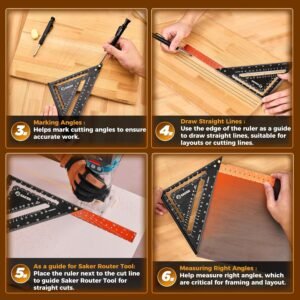 Saker Carpenrer Square Tool 12 inch: T Square Triangle Ruler Measuring Layout Tool - Gift,Multi-Purpose Carpenter Square,Rafter (Black) - Image 7