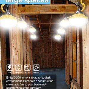 HYPERLITE Construction String Lights: 50FT 5 Bulbs Work Lights with Climbing Hooks - IP65 Waterproof Linkable LED Industrial Temporary Lighting for Construction Sites Attic Crawlspace Renovation 11 HYPERLITE Construction String Lights: 50FT 5 Bulbs Work Lights with Climbing Hooks - IP65 Waterproof Linkable LED Industrial Temporary Lighting for Construction Sites Attic Crawlspace Renovation - Image 3