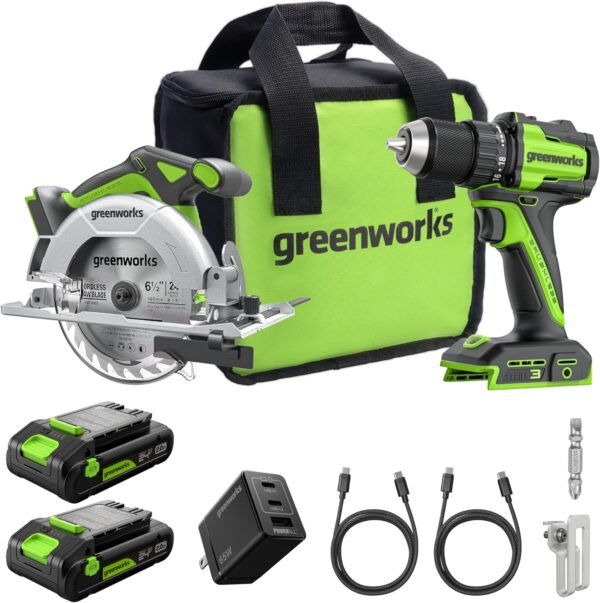 GREENWORKS 24V 1/2” Brushless Cordless Drill (400 In-lbs.) + 6.5” Circular Saw (4,800 RPM), (2) 2.0Ah (12,000mAh Power Bank) USB-C Batteries, Braided Cable, 65W Rapid Charger 2 81w8WxnLSSL. AC SL1500