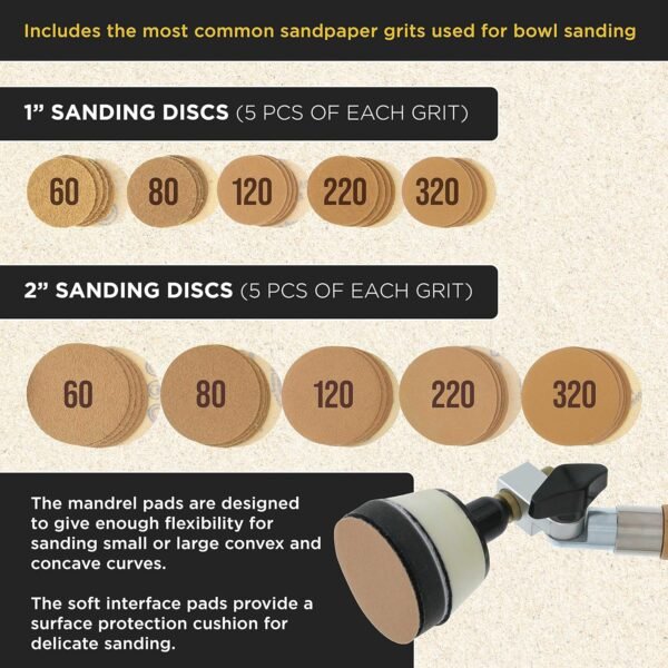 Dura-Gold Woodturning Bowl Sander Tool Kit - 1" & 2" Hook & Loop Backing Pads, 50 Sanding Discs (60 to 320 Grit), Dual Bearing, Hardwood Handle, 1/4" Mandrel, Sandpaper Woodworking 4 91m3syIlpBL. AC SL1500