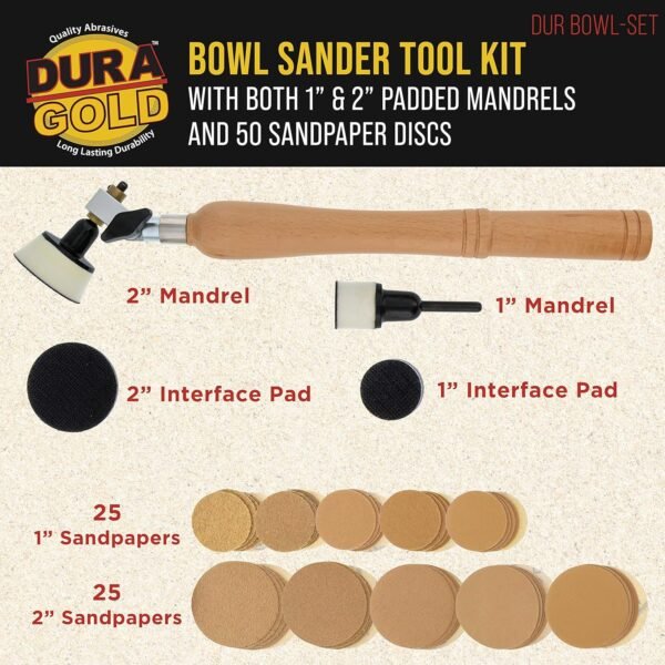 Dura-Gold Woodturning Bowl Sander Tool Kit - 1" & 2" Hook & Loop Backing Pads, 50 Sanding Discs (60 to 320 Grit), Dual Bearing, Hardwood Handle, 1/4" Mandrel, Sandpaper Woodworking 3 91ysb76vfhL. AC SL1500