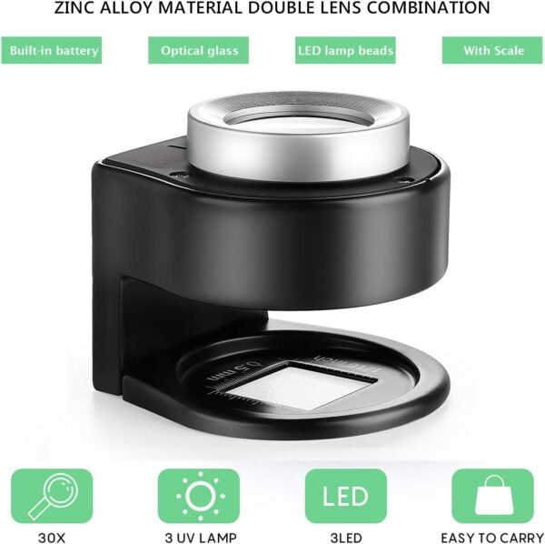 30X Coin Magnifier, USB Rechargeable 6 Lights Portable Metal Eye Loupe Sewing Magnifying Glass for Textile Optical Jewelry Tool Coins Currency Stamps (Black) 3 61H01RuFWJL. AC SL1200