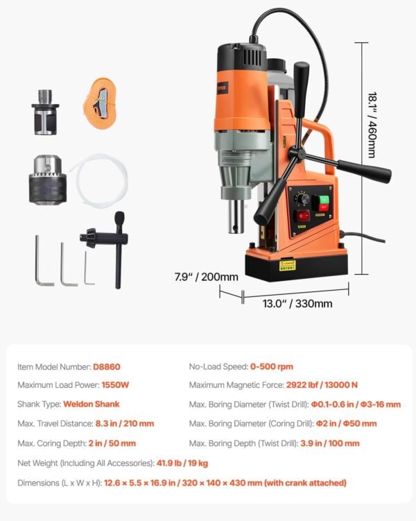 VEVOR Mag Drill Press, 1550W 2" Boring Diameter, 2922lbf Power Magnetic Drill, 500 PRM, 10-Speed, Electric Drilling Machine for Metal Surface, Industrial and Home Improvement 8 61u2 pBqPbL. AC SL1500