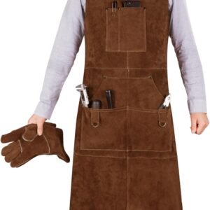 eletecpro Heavy Duty Leather Welding Apron Genuine Cowhide Flame & Heat Resistant Adjustable 42Lx24W with 6 Tool Pockets and Gloves for Mechanic, BBQ, Woodworking, Gardening, Men & Women Gift, Brown - Image 6