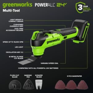 GREENWORKS 24V (5-TOOL) Combo (Drill + Impact Driver + Circular Saw + Multi-Tool + Flashlight), 4.0Ah + 2.0Ah (24,000mAh Power Bank) Batteries, (2) Cables, 65W Rapid Charger - Image 12
