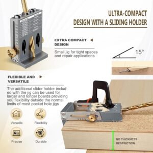Pocket Hole Jig Kit, Professional Metal Pocket Screw Jig System with Detachable Vacuum Adapter, Sharp and Durable 3/8" Titanium Drill Bits (3-Pack, 2025 Upgraded), Fits 1/2" to 3-1/8" Thick Wood - Image 5
