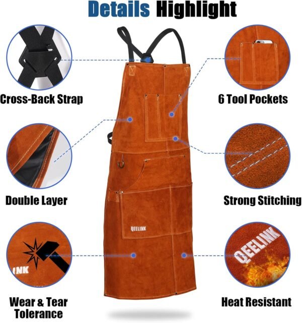 QeeLink Leather Welding Apron with 6 Pockets - Heat & Flame-Resistant Apron, 24'' X 42'', Adjustable M to XXXL 6 711Y4jyjUhL. AC SL1500