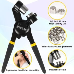Heavy Duty Grommet Tool Kit with 1/2 Inch Die and 300 Sets of 12MM Grommets,Handheld Manual Eyelet Tool Rivet Press Punch Pliers for Leather Canvas Fabric 10 Heavy Duty Grommet Tool Kit with 1/2 Inch Die and 300 Sets of 12MM Grommets,Handheld Manual Eyelet Tool Rivet Press Punch Pliers for Leather Canvas Fabric - Image 4