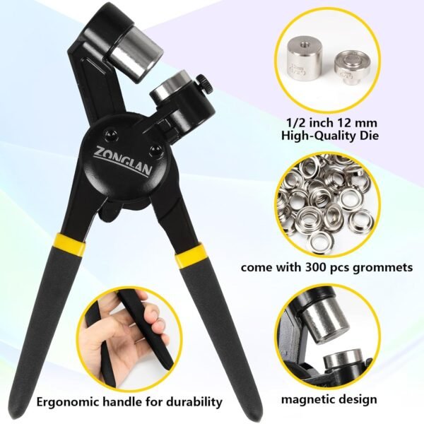 Heavy Duty Grommet Tool Kit with 1/2 Inch Die and 300 Sets of 12MM Grommets,Handheld Manual Eyelet Tool Rivet Press Punch Pliers for Leather Canvas Fabric 4 7125HYodOEL. SL1500