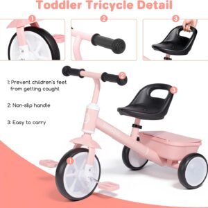 Bobike Toddler Tricycle for Ages 2-5 Years, Tricycle with 2 LED Light Wheels, Toddler Bike with 3-Position Seat and Rear Basket, Kids Bike Gift for Boys & Girl (Pink) - Image 6