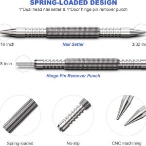 Spring Loaded Nail Set Tools,2-PCS Dual Head Nail Setter and Hinge Pin Punch Set, Hammerless 1/16″& 3/32″Spring Nail Set, Super Strong Force Door Pin Removal Tool - Image 4