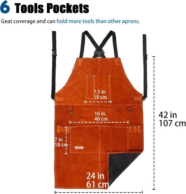 QeeLink Leather Welding Apron with 6 Pockets - Heat & Flame-Resistant Apron, 24'' X 42'', Adjustable M to XXXL 3 712YS2OD6NL. AC SL1500
