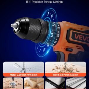 VEVOR Cordless Drill Driver, 5-In-1, Metal Chuck, Dual-Speed Variable, Drill Driver Kit with 2 Lithium Batteries and Charger, Tool Box, for Wood and Metal Drilling, Screw Tightening or Loosening - Image 5