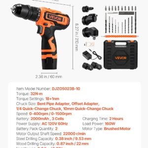 VEVOR Cordless Drill Driver, 5-In-1, Metal Chuck, Dual-Speed Variable, Drill Driver Kit with 2 Lithium Batteries and Charger, Tool Box, for Wood and Metal Drilling, Screw Tightening or Loosening - Image 8