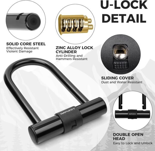 Hapleby Premium Bike Lock Set with 2 Keys, Bike U-Lock with 6 Feet Thickened Solid Steel Cable, Heavy Duty Anti Theft Bicycle U-Lock with Mounting Bracket for Road, Mountain, Folding Bike and Scooter 3 7197Zxqx2+L. AC SL1500