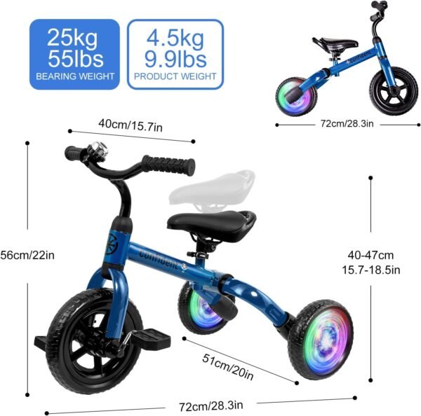 YGJT 3 in 1 Lighting Tricycle for Toddlers Age 2-5 Years Old, Folding Kids Balance Bike with Adjustable Seat and Removable Pedal, Toddler Bike Ride-on Toys for Infant, Gifts for Baby Boys Girls(Blue) 7 719UToDsy5L. AC SL1500