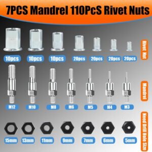 126pcs Rivet Nut Tool Kit Compatible with Astro 1442 1450, 13" Rivet Gun Kit with 7 Metric Mandrels, Nutsert Tool Kit, 110pcs Rivnut Tool with BMC Case - Image 6