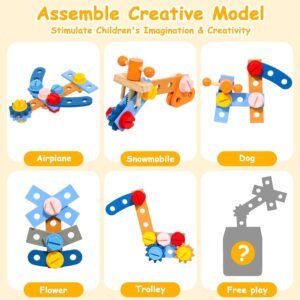 TONZE Kids Tool Set with Apron, Wooden Toddler Tool Bench Box Montessori Toys for 2 3 4 Year Old Boys Girls, 39 PCS Educational Construction Toys Pretend Play Toddler Toys 3 4 5 Year Old Birthday Gift 16 TONZE Kids Tool Set with Apron, Wooden Toddler Tool Bench Box Montessori Toys for 2 3 4 Year Old Boys Girls, 39 PCS Educational Construction Toys Pretend Play Toddler Toys 3 4 5 Year Old Birthday Gift - Image 7