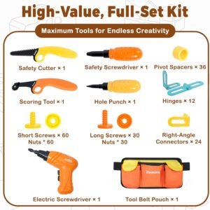 Kids Cardboard Construction Tool Set with Electric Drill & Tool Belt -258PCS, STEM Building Kit for Creative Craft Projects, Educational DIY Engineering Toy for Boys & Girls 12 Kids Cardboard Construction Tool Set with Electric Drill & Tool Belt -258PCS, STEM Building Kit for Creative Craft Projects, Educational DIY Engineering Toy for Boys & Girls - Image 4