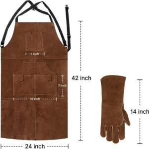 eletecpro Heavy Duty Leather Welding Apron Genuine Cowhide Flame & Heat Resistant Adjustable 42Lx24W with 6 Tool Pockets and Gloves for Mechanic, BBQ, Woodworking, Gardening, Men & Women Gift, Brown - Image 3