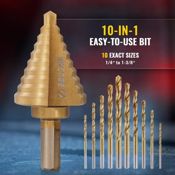 ZELCAN 10 Sizes Titanium Step Drill Bit, 1/4 to 1-3/8 Inches High Speed Steel Drill Cone Bits for Sheet Metal Hole Drilling Cutting, HSS Multi Size Hole Stepped Up Unibit for DIY Lovers Electrician 3 71SqdH3bdIL. SL1500