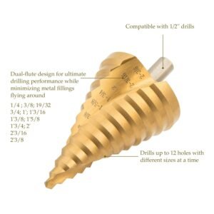 ZELCAN Large HSS Spiral Groove Step Drill Bit, 12 Sizes Titanium High Speed Steel 1/4" to 2-3/8" Drill Bit for Sheet Aluminium Metal Wood Hole Drilling, Big Multiple Hole Stepped Up Bit for DIY Lovers 15 ZELCAN Large HSS Spiral Groove Step Drill Bit, 12 Sizes Titanium High Speed Steel 1/4" to 2-3/8" Drill Bit for Sheet Aluminium Metal Wood Hole Drilling, Big Multiple Hole Stepped Up Bit for DIY Lovers - Image 7