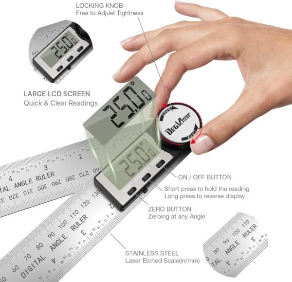 Digital Angle Finder Protractor, DEGLASERS Digital Protractor 7inch/200mm Stainless Steel Angle Measuring Tool with LCD Display for Carpenter/Woodworking (Battery Included) 3 71Vp+SBvPiL. AC SL1500