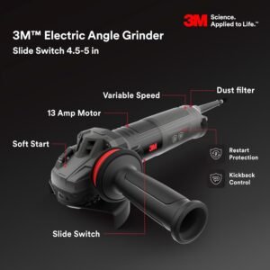 3M Electric Angle Grinder, 11129, VS, 4.5-5 in Paddle Switch, 13-Amp, 120V, for Cutting, Grinding, Polishing and Rust Removal,1 EA - Image 3