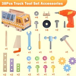 Aliex 38PCS Kids Wooden Truck Tool Set with Toy Drill for Toddlers Ages 3 4 5 6,Montessori STEM Educational Learning Construction Workbench Pretend Play Tool Kit,Birthday Sensory Gift for Boys Girls - Image 6
