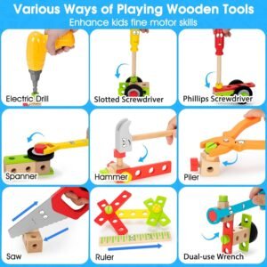 Kids Tool Set Toy with Drill, Stem Montessori Toys for 3 4 5 Years Old Boy Girl, 44 Pcs Wooden Toddler Tool Kits Inc Box, Learning Educational Construction Toy - Image 4