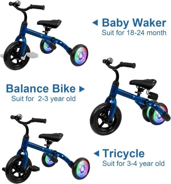 YGJT 3 in 1 Lighting Tricycle for Toddlers Age 2-5 Years Old, Folding Kids Balance Bike with Adjustable Seat and Removable Pedal, Toddler Bike Ride-on Toys for Infant, Gifts for Baby Boys Girls(Blue) 6 71arvzvakHL. AC SL1500