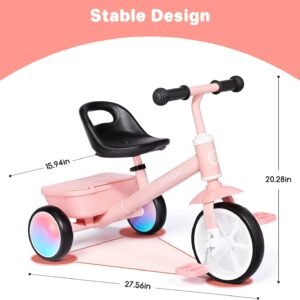 Bobike Toddler Tricycle for Ages 2-5 Years, Tricycle with 2 LED Light Wheels, Toddler Bike with 3-Position Seat and Rear Basket, Kids Bike Gift for Boys & Girl (Pink) - Image 7