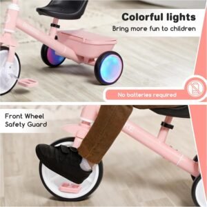 Bobike Toddler Tricycle for Ages 2-5 Years, Tricycle with 2 LED Light Wheels, Toddler Bike with 3-Position Seat and Rear Basket, Kids Bike Gift for Boys & Girl (Pink) - Image 5