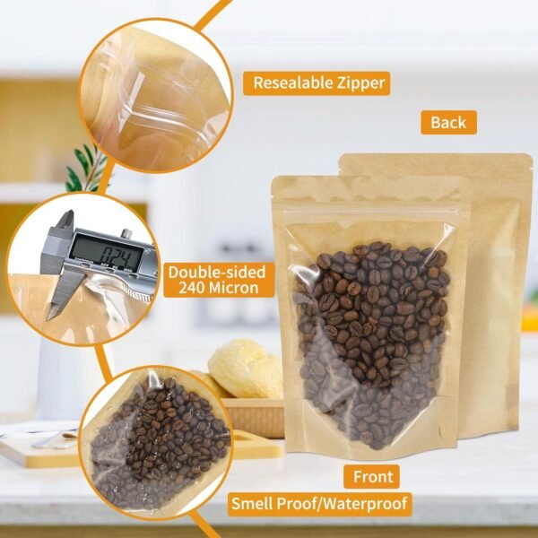 100 PCS Resealable Bags, Stand Up Kraft Bags with Window Clear Front Pouches, Zipper Lock Food Storage Bags 4.7×7.8 Inch Reusable Sealable Bags for Packaging 4 71c7VBB6OrL. AC SL1500