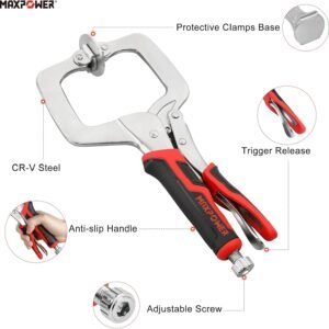 MAXPOWER 11-Inch Locking C Clamp Set, 2 Pack Metal Face Clamp with Large Flat Swivel Pads, Adjustable Heavy Duty C Clamps Locking Pliers for Woodworking, Carpentry, Cabinetry, Welding and Repair - Image 4